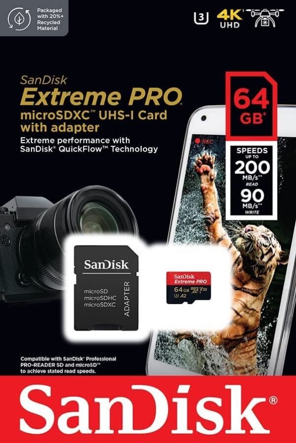 ⁦SANDISK EXTREME PRO 64GB 4K VIDEO 200MB/S MICRO⁩ - الصورة ⁦2⁩