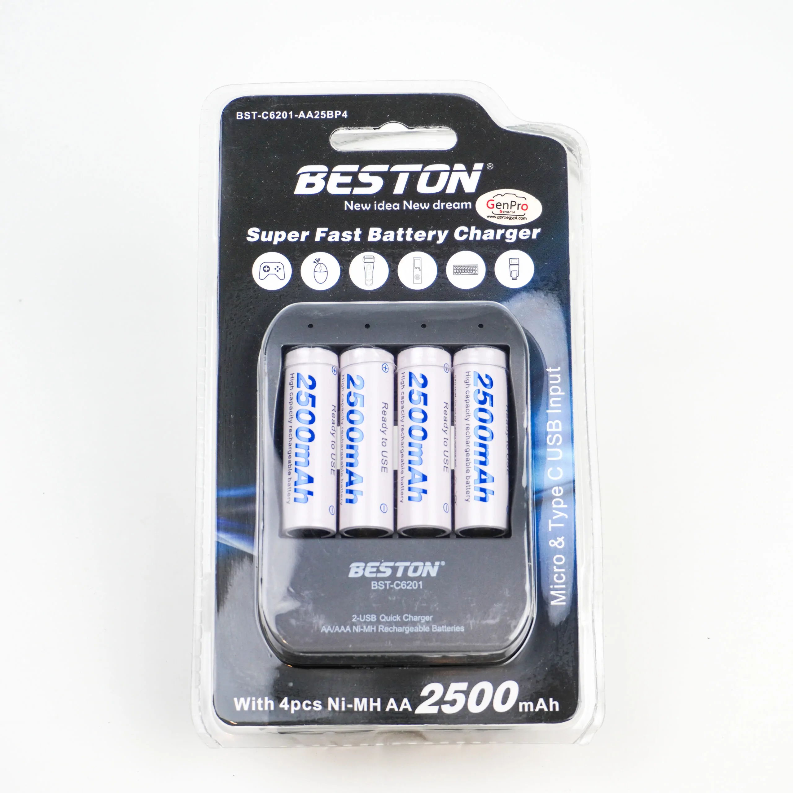 Beston BST-C6201-AA25BP4 Batteries Pack of 4, 2500mAh with Fast Charger