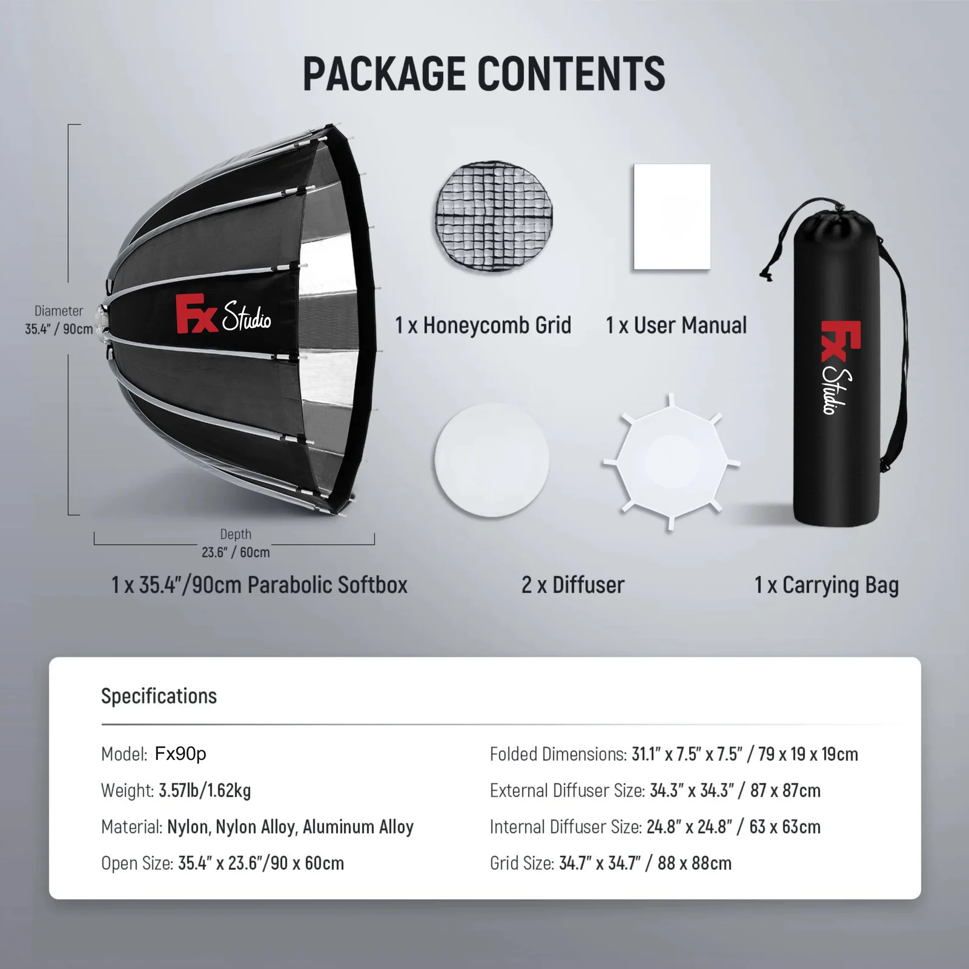 Fx Studio 90cm Deep Parabolic Softbox with Grid - الصورة 2