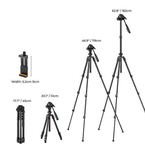 K&F Concept KF09.115V1 Lightweight Video Travel O234AO+BV01 Tripod with Smartphone Clamp - الصورة 6